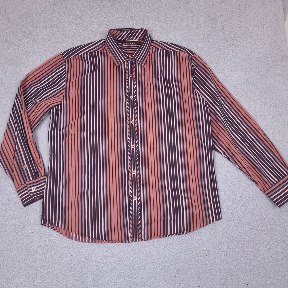Cubavera Shirt Mens XL Orange Black Striped‎ Button Down Cotton